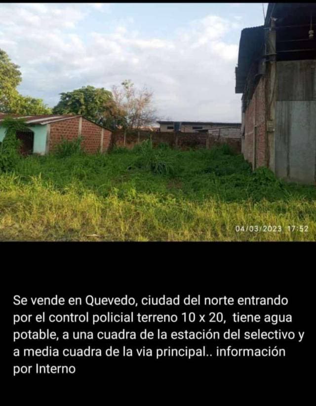 Se vende terreno 10x20 en Quevedo, sector agrilsa, entrando por el control policial,  a media cuadra de la estación del selectivo a una cuadra de la vía principal, dueño directo - 1