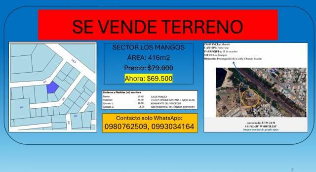 Terreno 416m2 en sector Los Mangos (Portoviejo) - 1