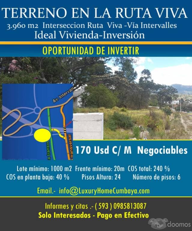 Terreno en Venta  Ruta Viva -Intervalles  3.960 m2  Cel.- 0985813087 - 1